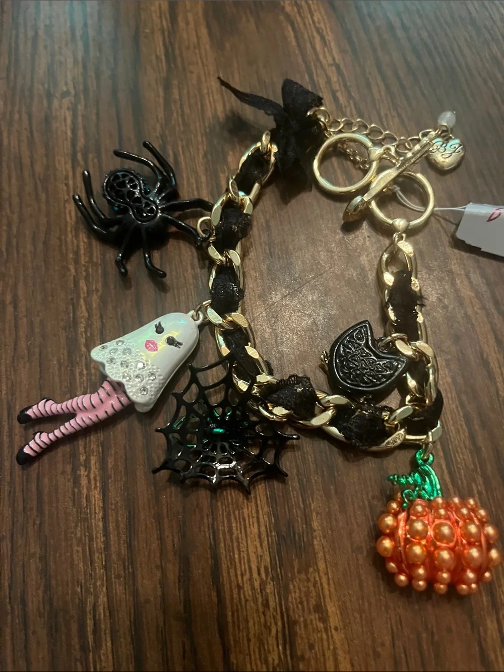Betsey Johnson Black & Gold Halloween Charm Bracelet with Pink & Orange Accents